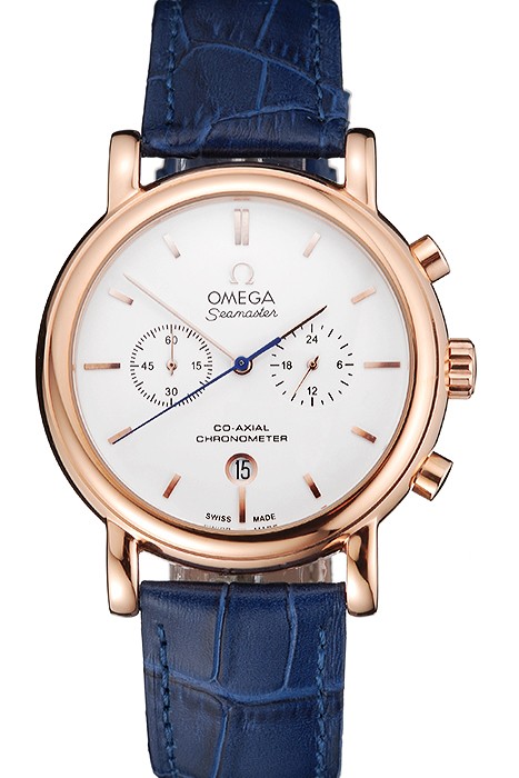 Omega Seamaster Vintage Chronograph White Dial Rose Gold Case Blue Leather Strap