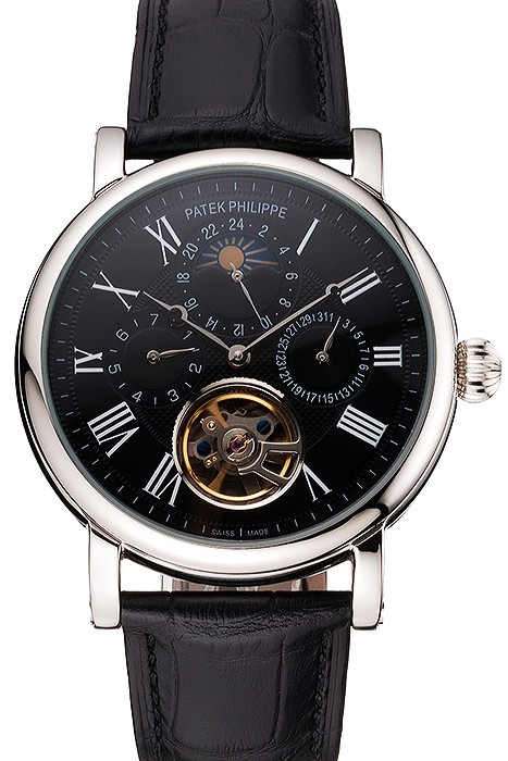 Patek Philippe Grand Complications Moonphase Perpetual Calendar Tourbillon Black Dial Stainless Steel Case Black Leather Strap