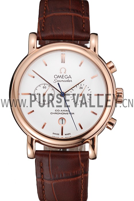 Omega Seamaster Vintage Chronograph White Dial Rose Gold Case Brown Leather Strap