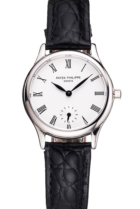 Patek Philippe Calatrava White Dial Roman Numerals Stainless Steel Case Black Leather Strap