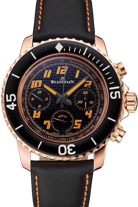 Swiss Blancpain Fifty Fathoms Flyback Chronograp Carbon Fiber Dial Rose Gold Case Black Leather Strap
