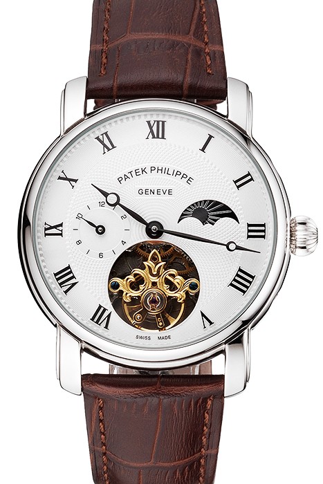 Patek Philippe Complications Moonphase Tourbillon White Dial Stainless Steel Case Brown Leather Strap