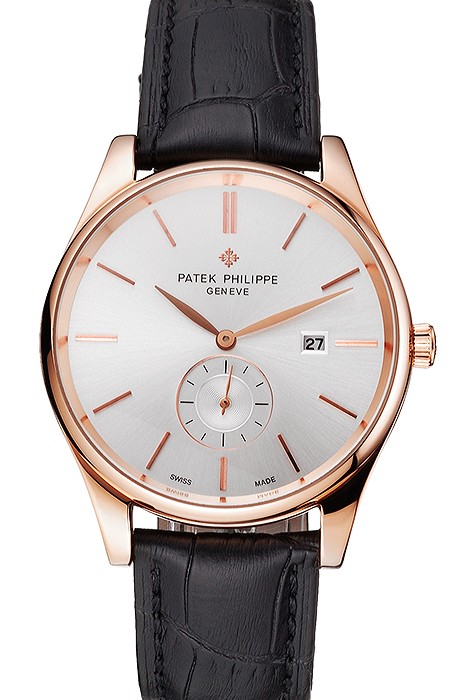 Patek Philippe Calatrava Date White Dial Rose Gold Case Black Leather Strap