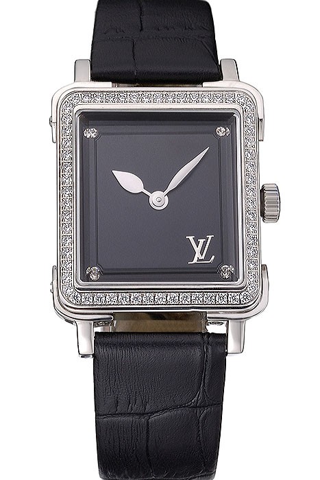 Louis Vuitton Emprise Black Dial Stainless Steel Case With Jewels Black Leather Strap  622789