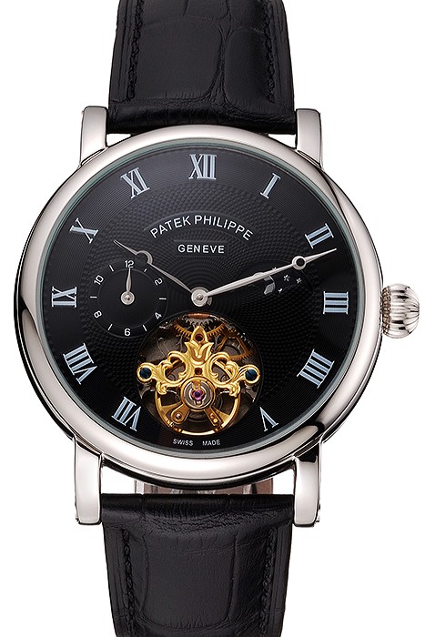 Patek Philippe Complications Moonphase Tourbillon Black Dial Stainless Steel Case Black Leather Strap