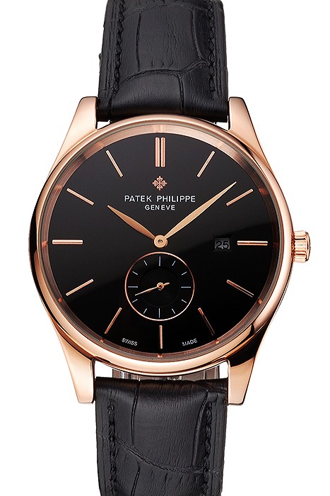 Patek Philippe Calatrava Date Black Dial Rose Gold Case Black Leather Strap