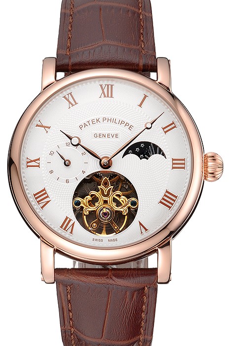Patek Philippe Complications Moonphase Tourbillon White Dial Rose Gold Case Brown Leather Strap
