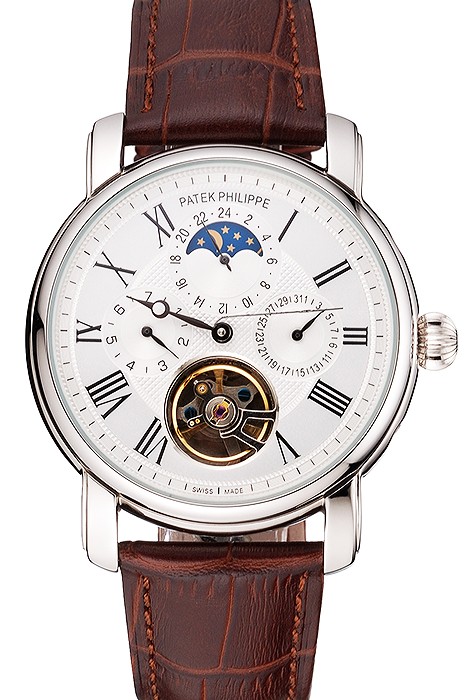 Patek Philippe Grand Complications Moonphase Perpetual Calendar Tourbillon White Dial Stainless Steel Case Brown Leather Strap