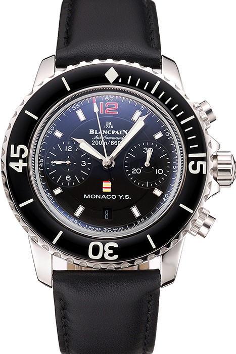 Swiss Blancpain Air Command Monaco YS Black Dial Stainless Steel Case Black Leather Strap