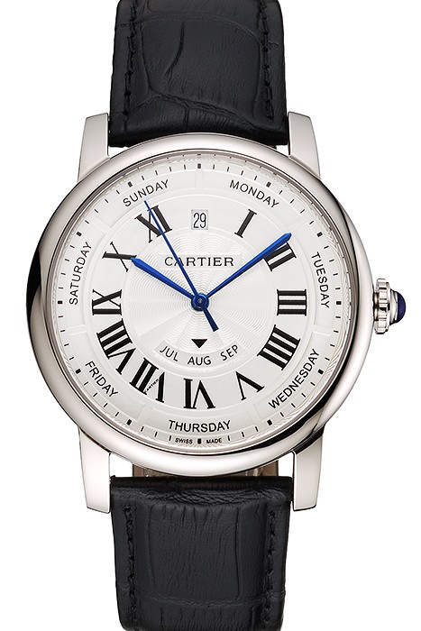 Swiss Cartier Rotonde Annual Calendar White Dial Stainless Steel Case Black Leather Strap