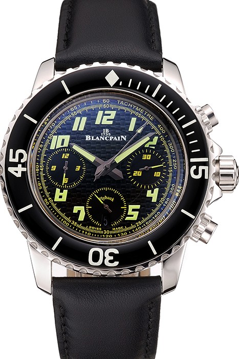 Swiss Blancpain Fifty Fathoms Flyback Chronograph Carbon Fiber Dial Stainless Steel Case Black Leather Strap