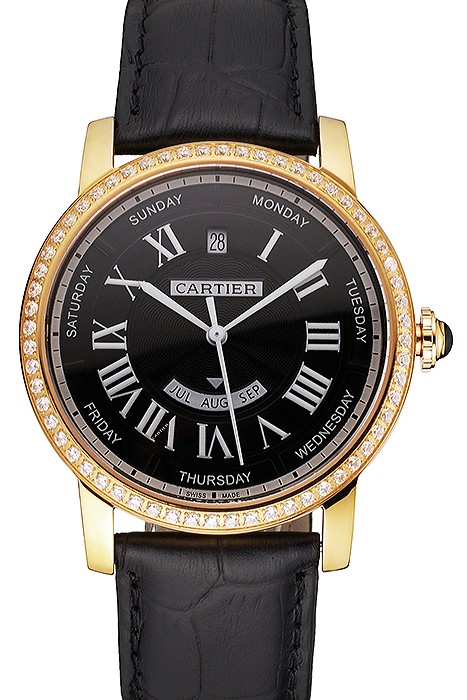 Swiss Cartier Rotonde Annual Calendar Black Dial Diamond Bezel Gold Case Black Leather Strap