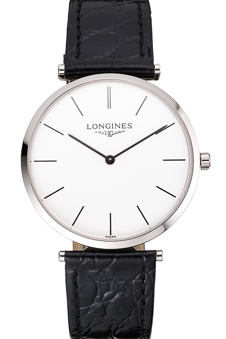 Swiss Longines Grande Classique White Dial Stainless Steel Case Black Leather Strap