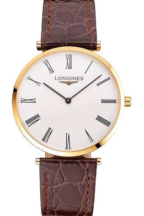 Swiss Longines Grande Classique White Dial Roman Numerals Gold Case Brown Leather Strap