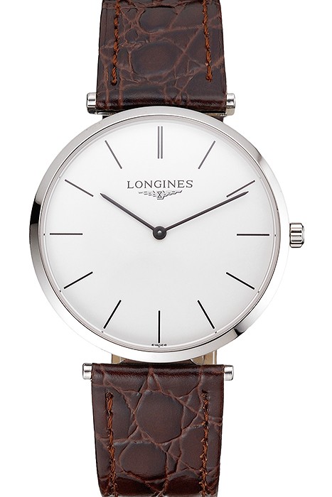 Swiss Longines Grande Classique White Dial Stainless Steel Case Brown Leather Strap