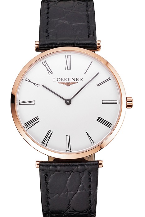 Swiss Longines Grande Classique White Dial Roman Numerals Rose Gold Case Black Leather Strap