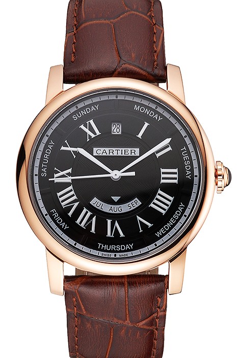 Swiss Cartier Rotonde Annual Calendar Black Dial Rose Gold Case Brown Leather Strap