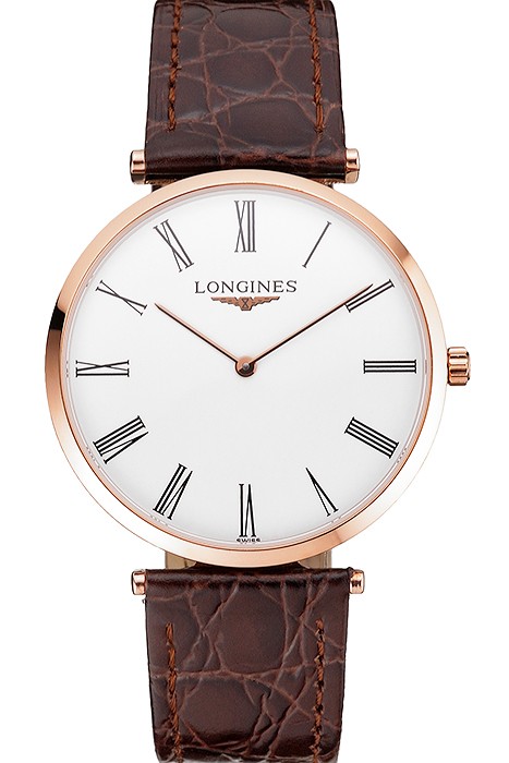 Swiss Longines Grande Classique White Dial Roman Numerals Rose Gold Case Brown Leather Strap