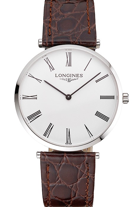 Swiss Longines Grande Classique White Dial Roman Numerals Stainless Steel Case Brown Leather Strap