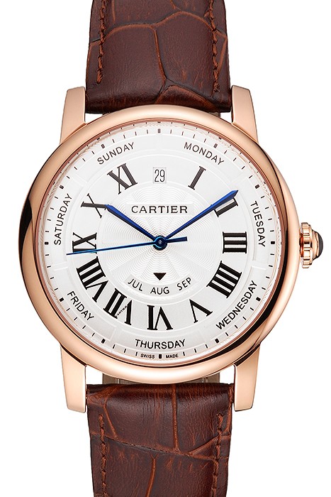Swiss Cartier Rotonde Annual Calendar White Dial Rose Gold Case Brown Leather Strap