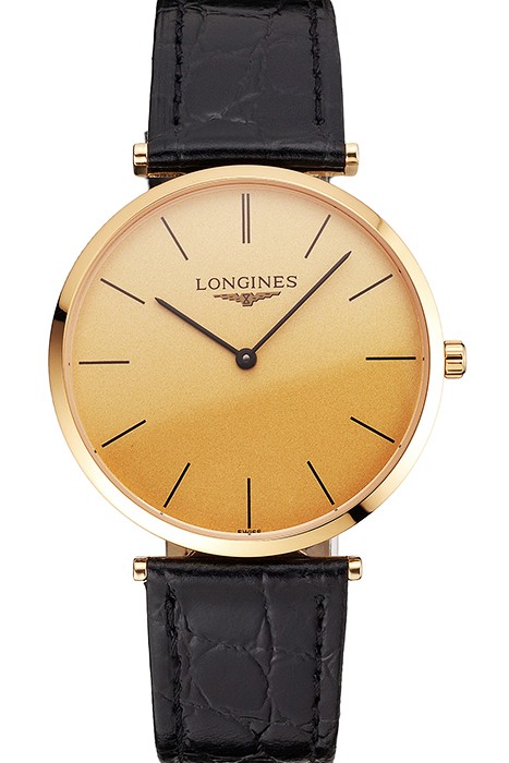 Swiss Longines Grande Classique Gold Dial Gold Case Black Leather Strap