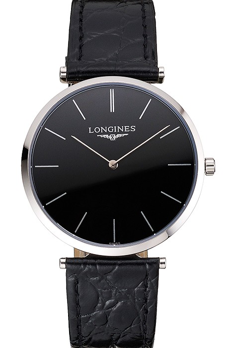 Swiss Longines Grande Classique Black Dial Stainless Steel Case Black Leather Strap