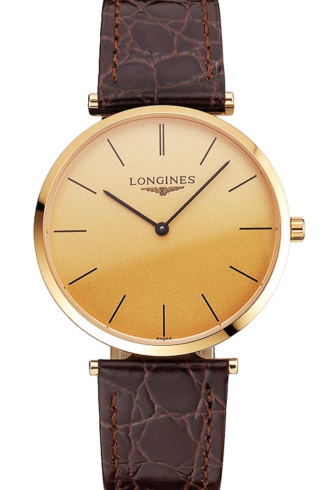 Swiss Longines Grande Classique Gold Dial Gold Case Brown Leather Strap