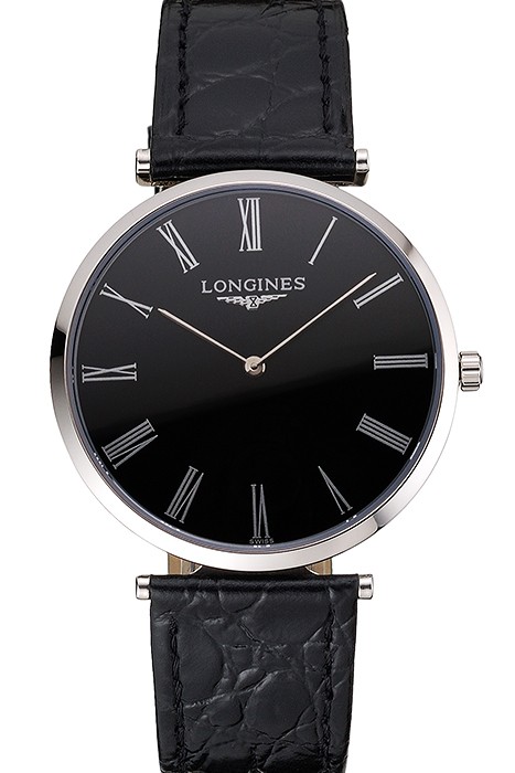 Swiss Longines Grande Classique Black Dial Roman Numerals Stainless Steel Case Black Leather Strap