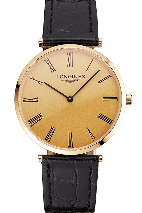 Swiss Longines Grande Classique Gold Dial Roman Numerals Gold Case Black Leather Strap