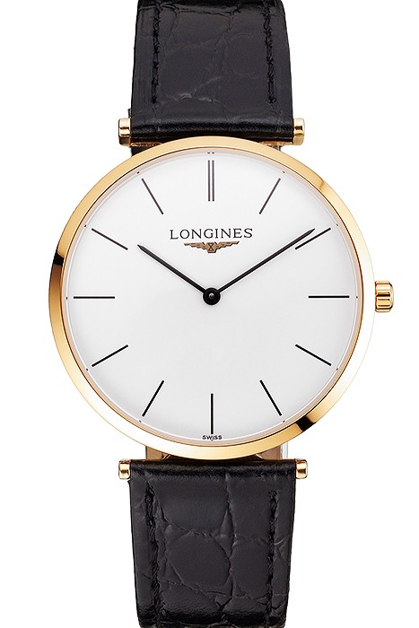 Swiss Longines Grande Classique White Dial Gold Case Black Leather Strap