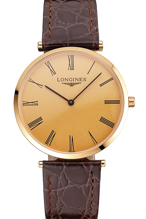 Swiss Longines Grande Classique Gold Dial Roman Numerals Gold Case Brown Leather Strap