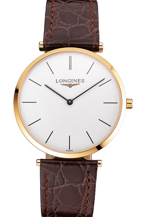 Swiss Longines Grande Classique White Dial Gold Case Brown Leather Strap