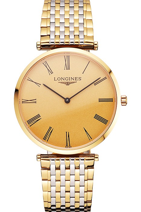 Swiss Longines Grande Classique Gold Dial Roman Numerals Gold Case Two Tone Bracelet