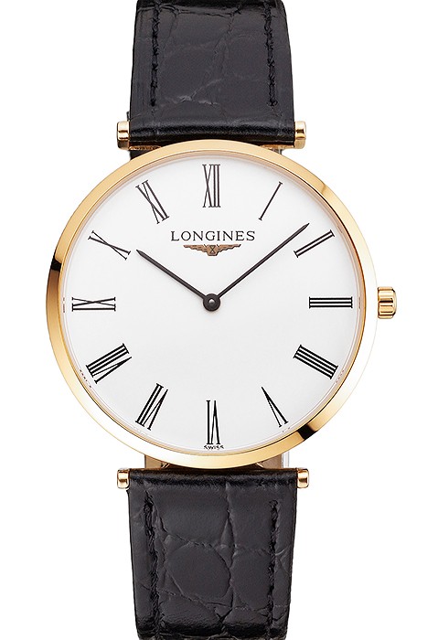Swiss Longines Grande Classique White Dial Roman Numerals Gold Case Black Leather Strap