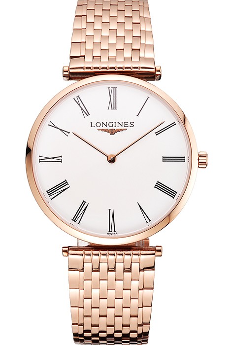 Swiss Longines Grande Classique White Dial Roman Numerals Rose Gold Case And Bracelet