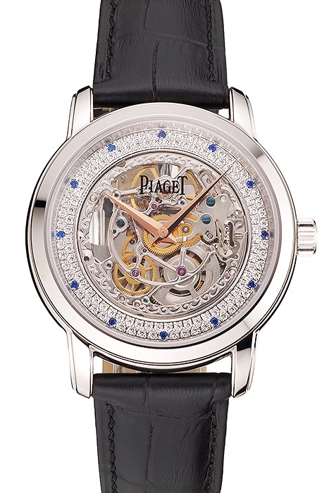 Swiss Piaget Altiplano Skeleton Dial With Diamonds Stainless Steel Case Black Leather Strap