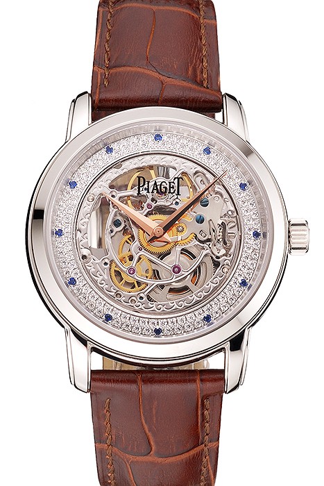 Swiss Piaget Altiplano Skeleton Dial With Diamonds Stainless Steel Case Brown Leather Strap