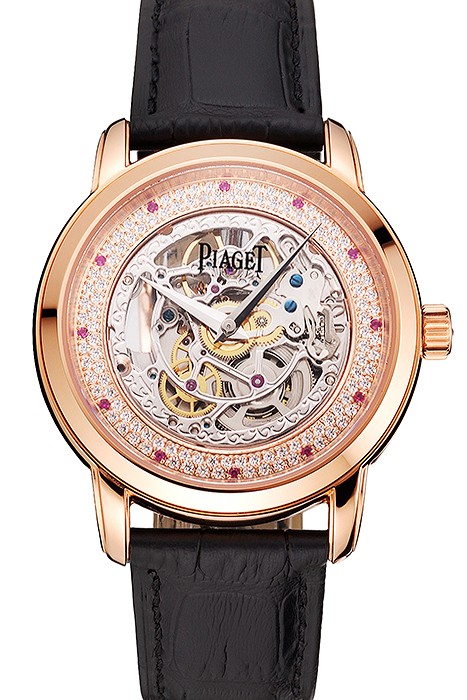 Swiss Piaget Altiplano Skeleton Dial With Diamonds Rose Gold Case Black Leather Strap