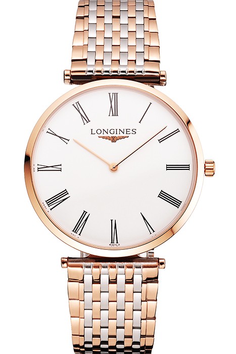 Swiss Longines Grande Classique White Dial Roman Numerals Rose Gold Case Two Tone Bracelet