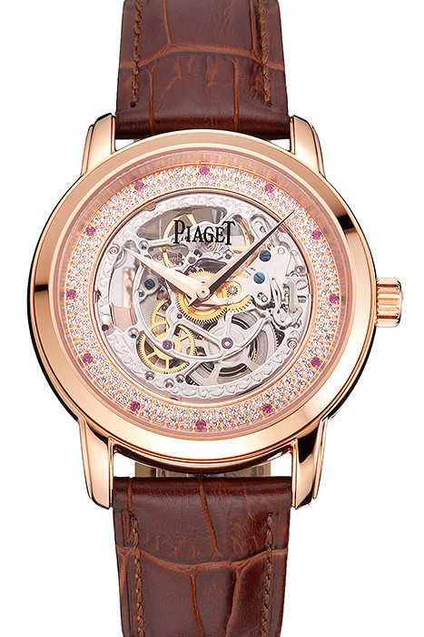 Swiss Piaget Altiplano Skeleton Dial With Diamonds Rose Gold Case Brown Leather Strap