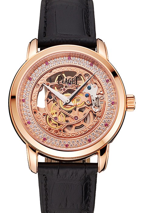 Swiss Piaget Altiplano Rose Gold Skeleton Dial With Diamonds Rose Gold Case Black Leather Strap