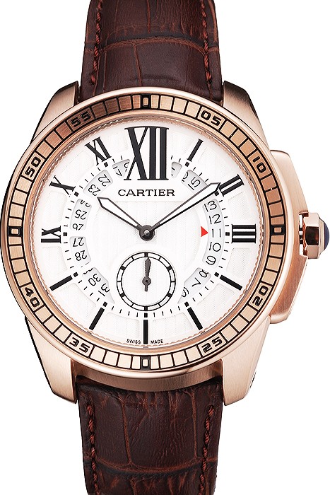 Cartier Calibre De Cartier Small Seconds White Dial Rose Gold Case Brown Leather Strap