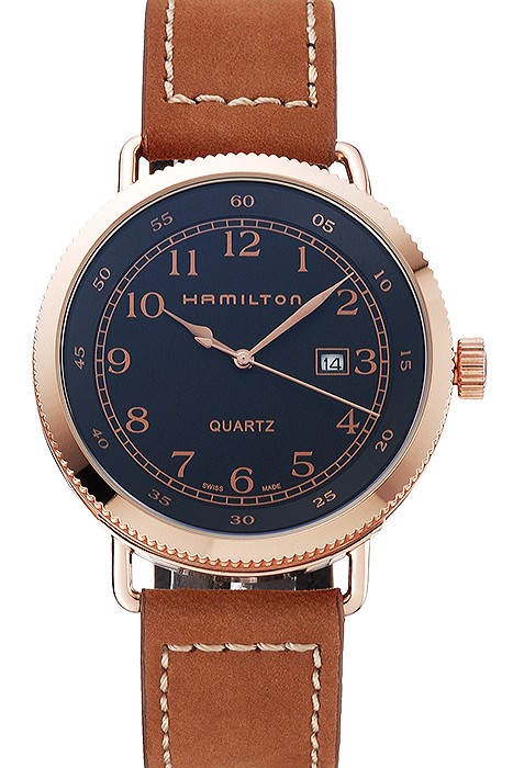 Hamilton Navy Pioneer Black Dial Rose Gold Case Brown Leather Strap