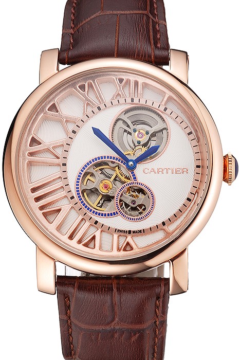 Cartier Rotonde De Cartier Flying Tourbillon White Dial Rose Gold Numerals Rose Gold Case Brown Leather Strap