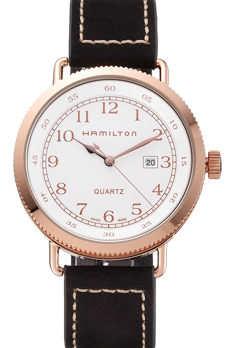 Hamilton Navy Pioneer White Dial Rose Gold Case Black Leather Strap