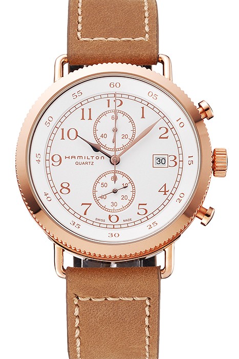 Hamilton Navy Pioneer Chrono White Dial Rose Gold Case Light Brown Leather Strap