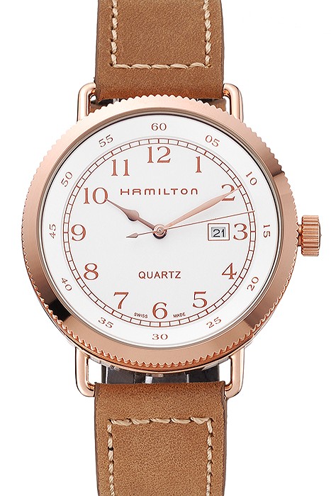 Hamilton Navy Pioneer White Dial Rose Gold Case Light Brown Leather Strap