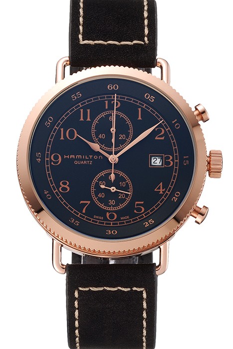 Hamilton Navy Pioneer Chrono Black Dial Rose Gold Case Black Leather Strap