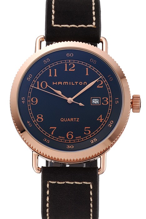 Hamilton Navy Pioneer Black Dial Rose Gold Case Black Leather Strap