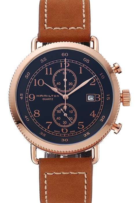 Hamilton Navy Pioneer Chrono Black Dial Rose Gold Case Brown Leather Strap